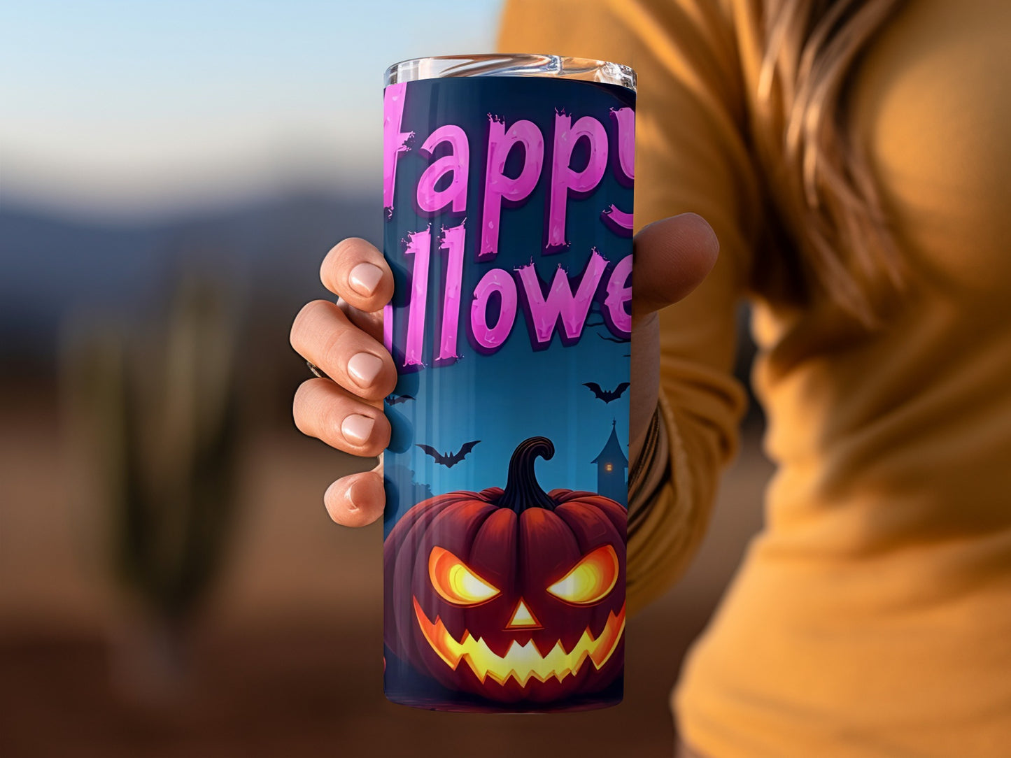 Happy Halloween Pumpkin and Bats Design Tumbler