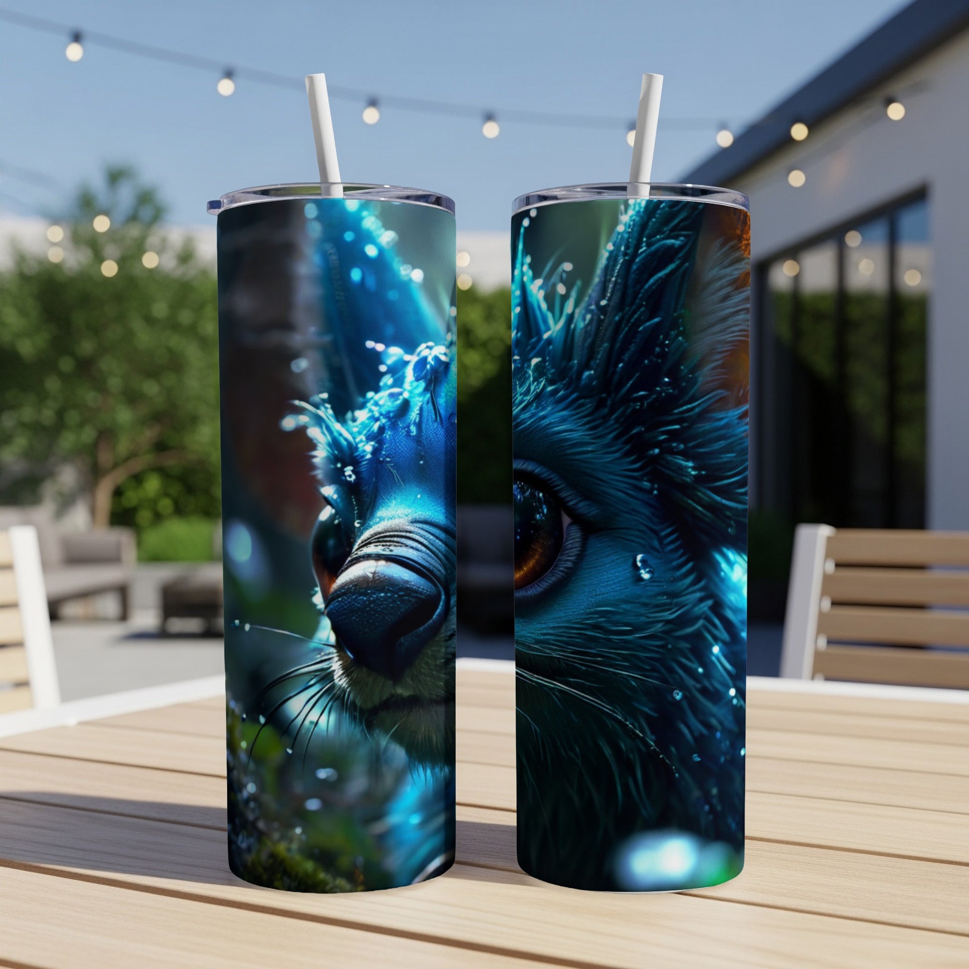 Close-up of a blue, furry mythical creature with glowing orange eyes on two tumblers.