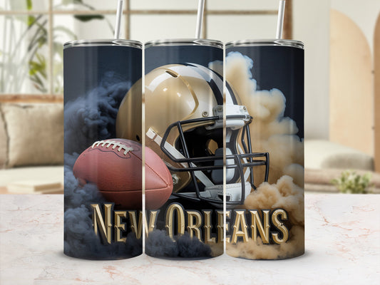 New Orleans Saints football helmet and ball with smoke, on a marble surface.