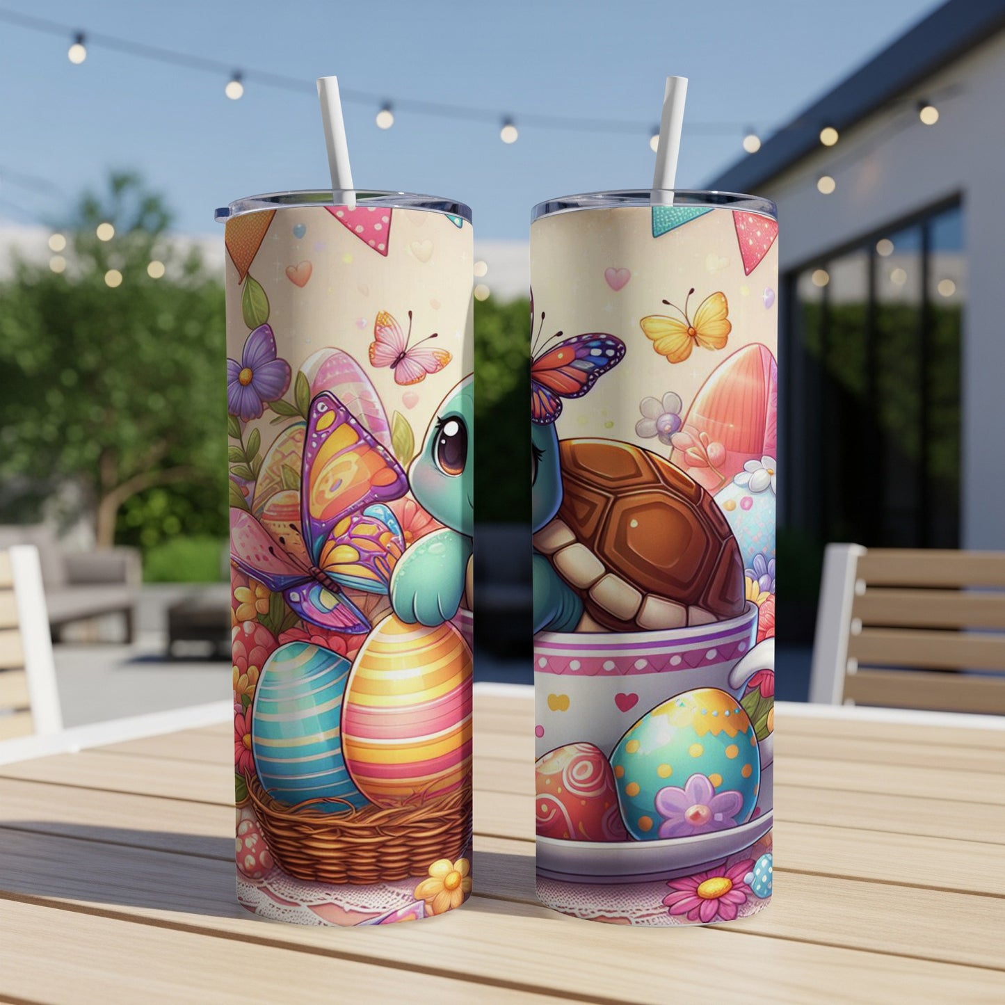 Easter tumbler with turtle, eggs, and butterflies on a table.