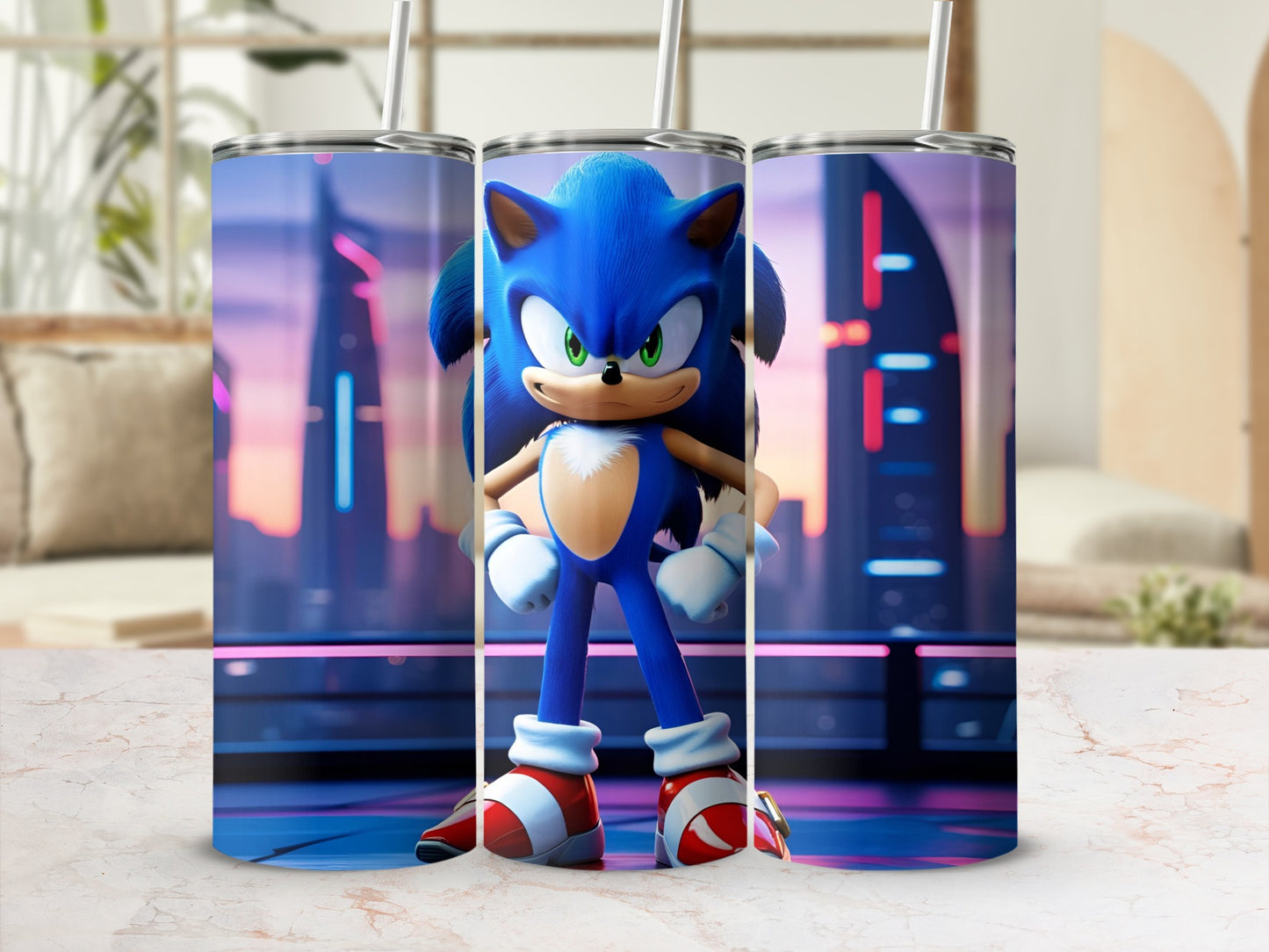 Sonic the Hedgehog character on a tumbler with futuristic city background.