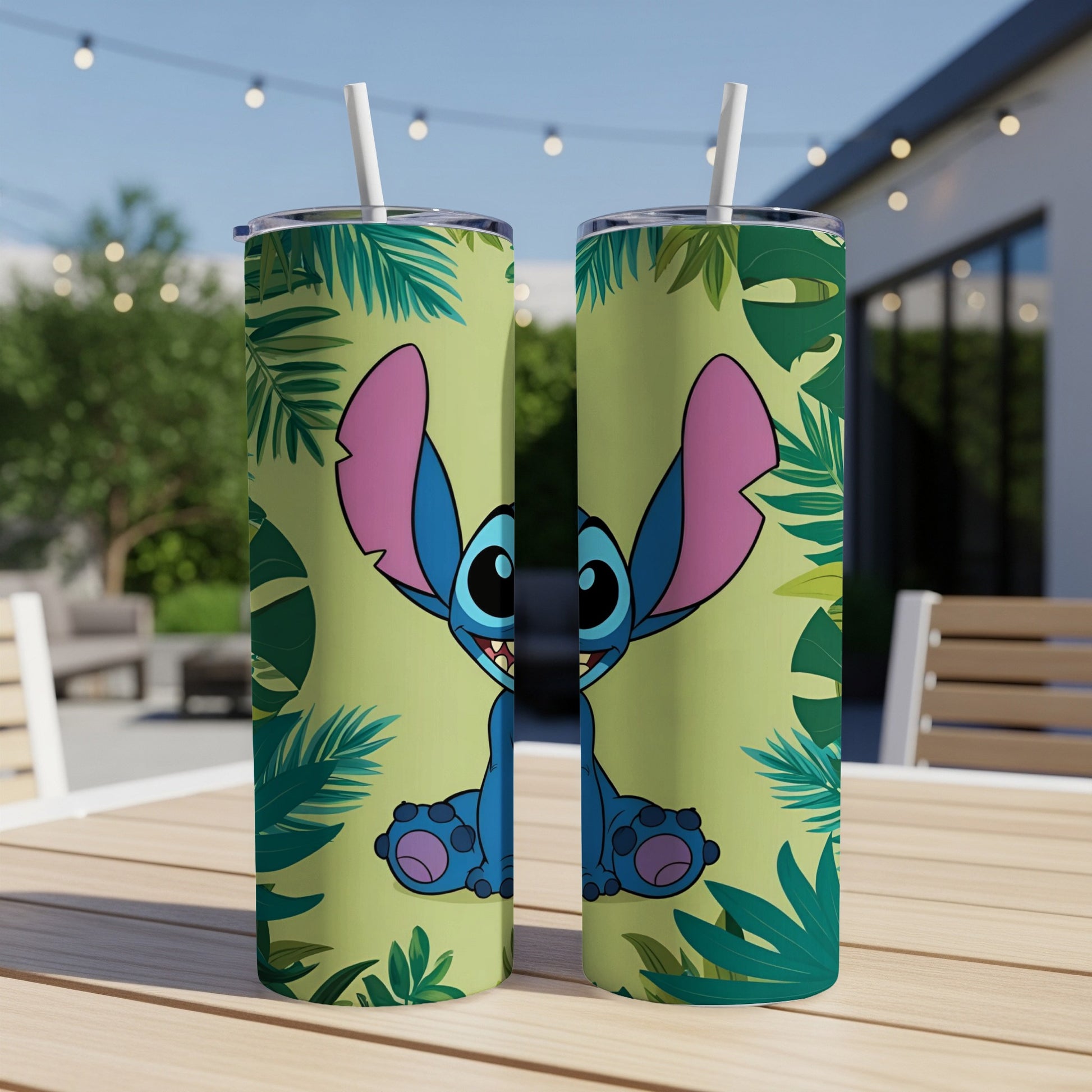 Stitch character with tropical leaves on green insulated tumblers.