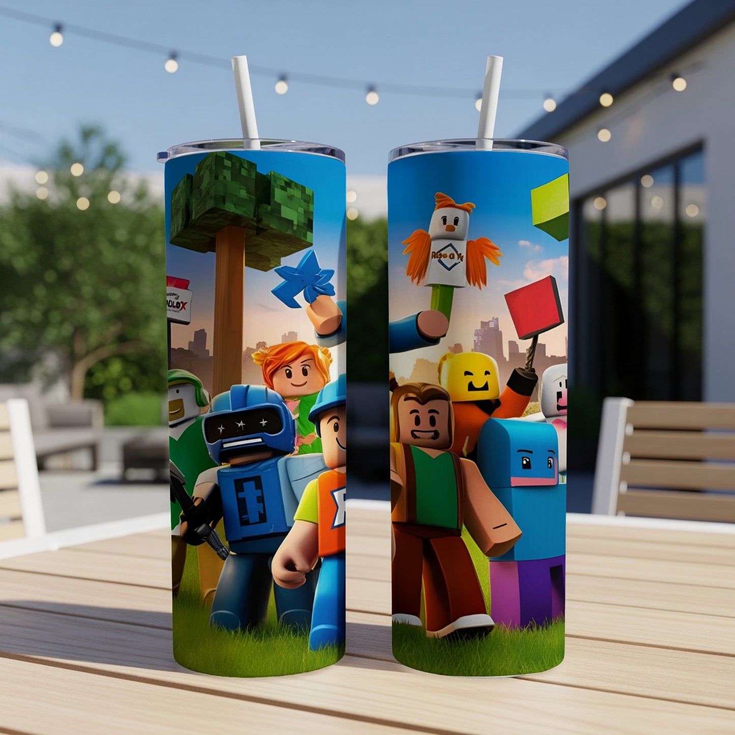 Roblox characters in cartoon style on a blue tumbler with a straw.