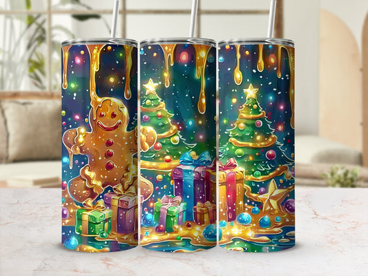 Gingerbread man and festive Christmas trees with gifts on a colorful background.
