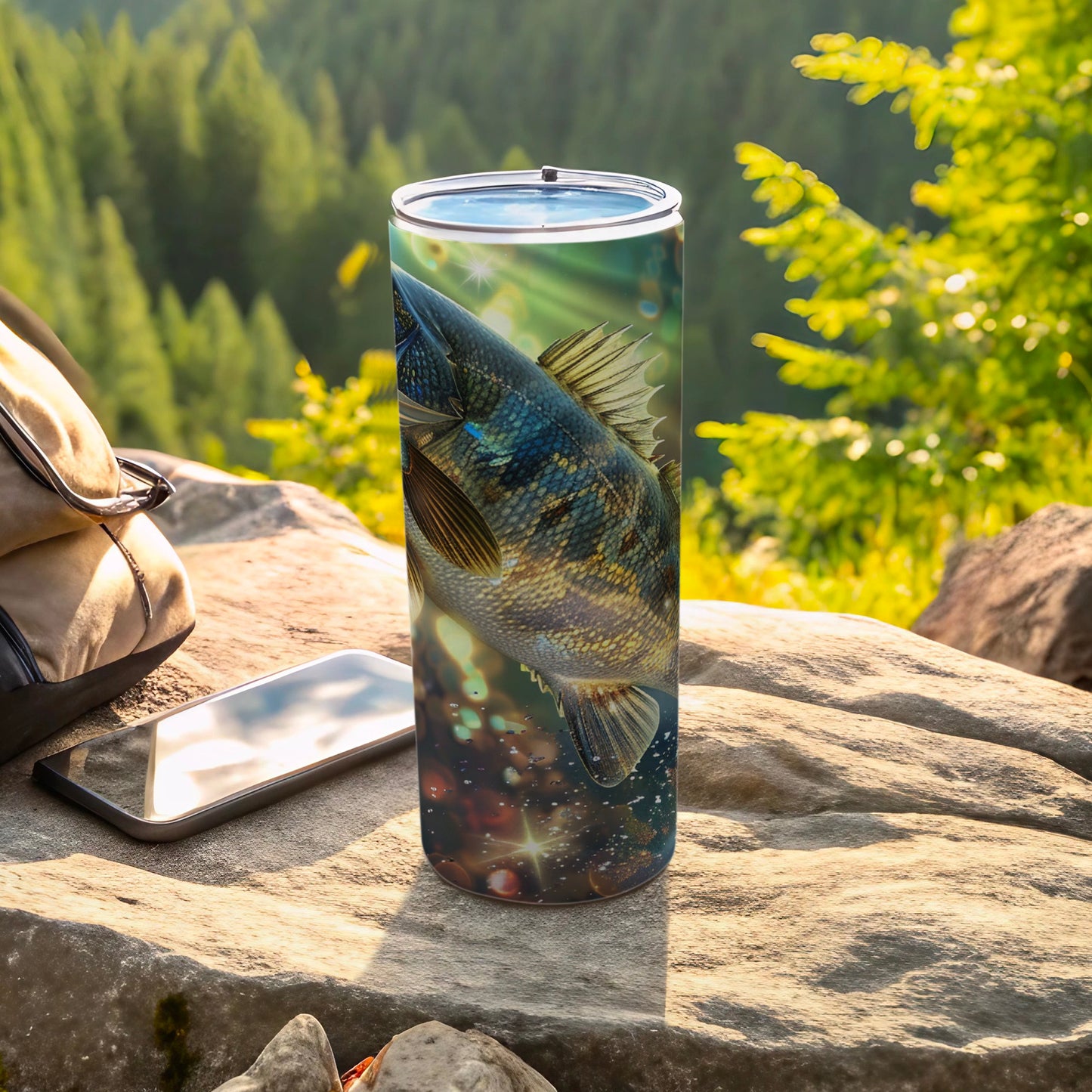 Walleye fish on a tumbler with forest background.