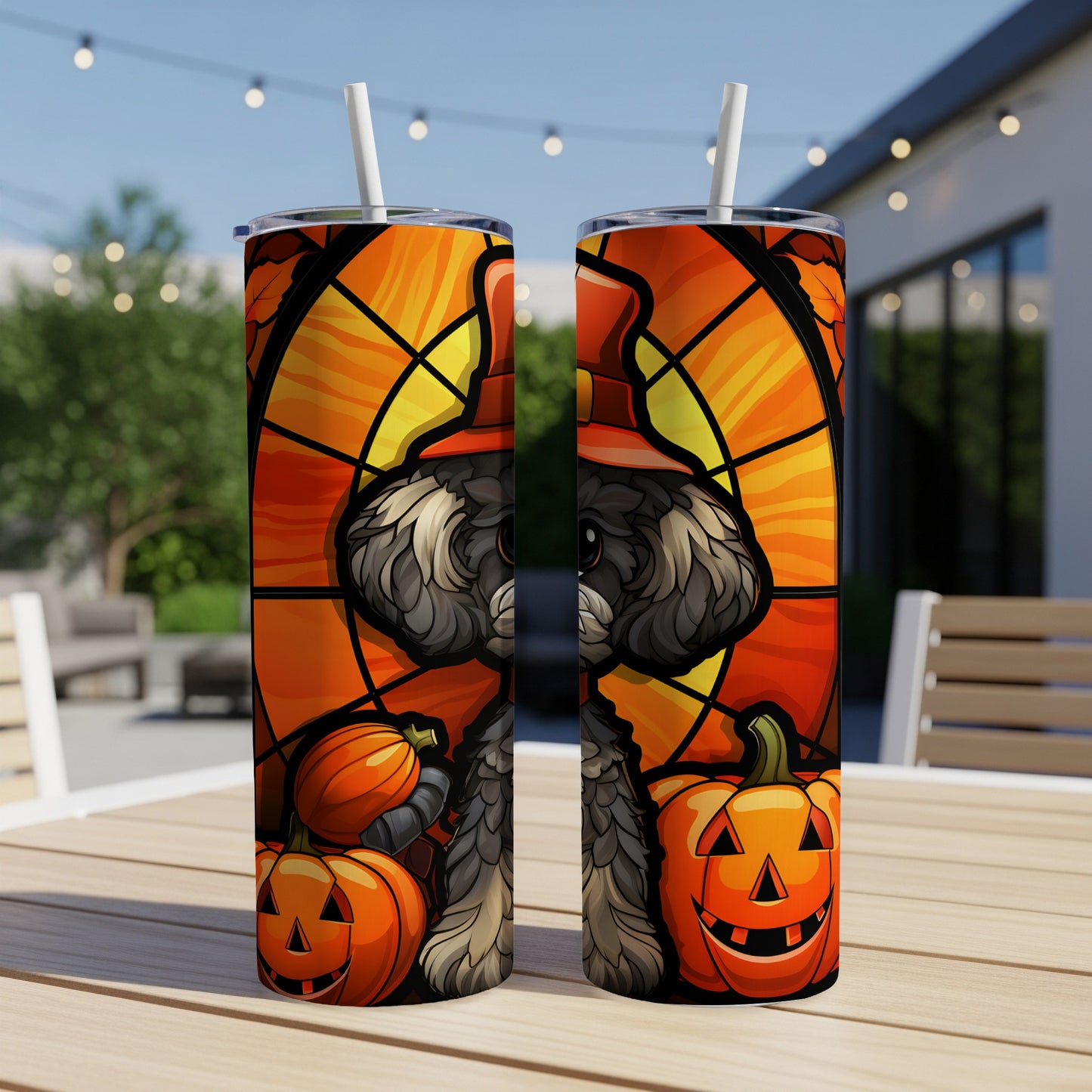 Halloween tumbler with dog, pumpkins, and stained glass design.
