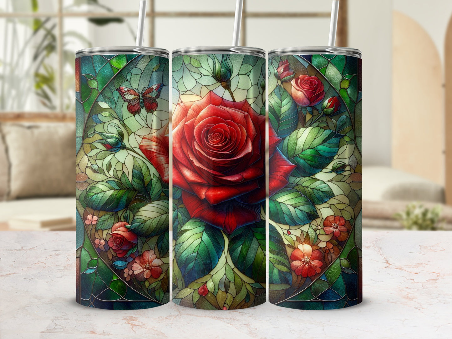 Three tumblers with a stained-glass rose and butterfly design.