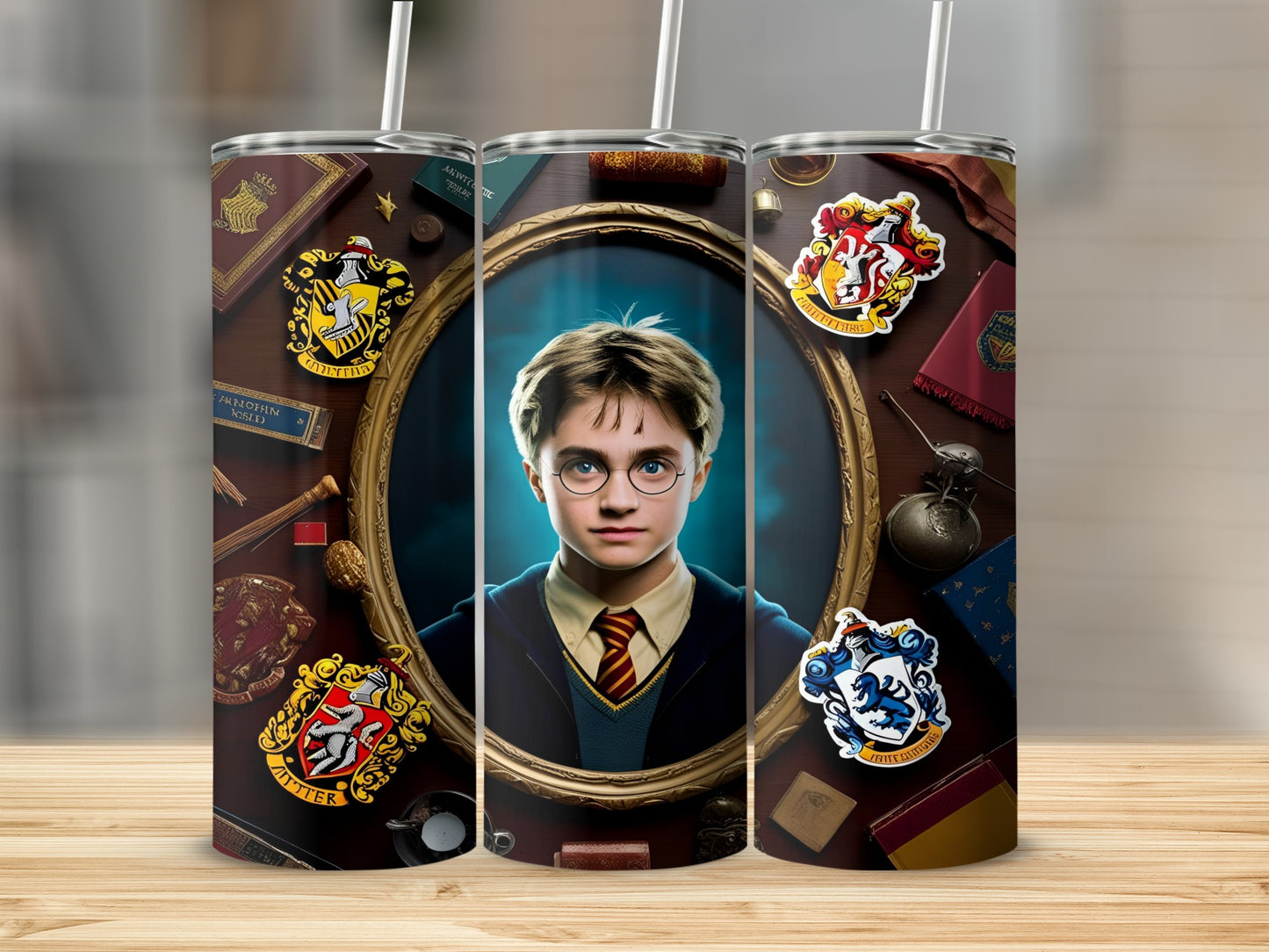 Harry Potter with Hogwarts crests on a tumbler.