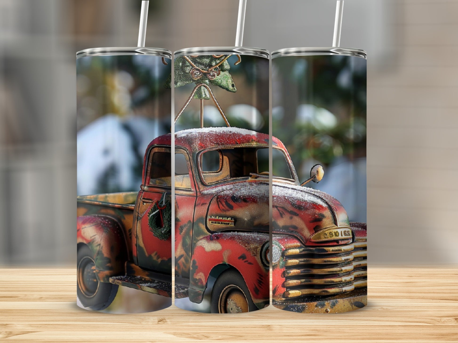 Red vintage pickup truck with wreath and snow decoration.