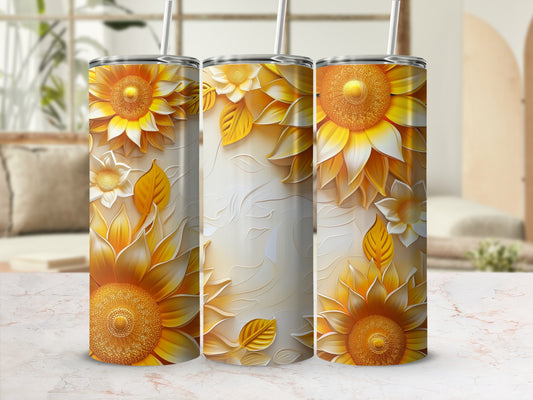 Three tall tumblers featuring embossed sunflowers and leaves against a textured background.
