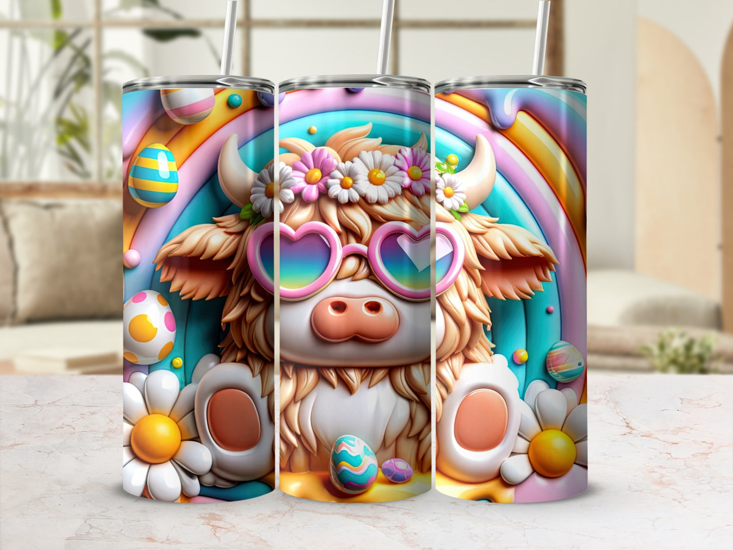 Cute highland cow with sunglasses and rainbow background.