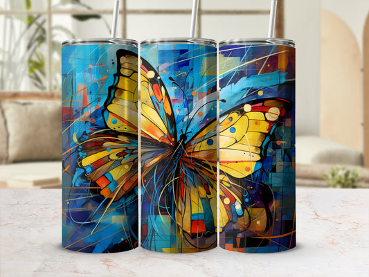 Abstract blue and yellow butterfly design on three tumblers.