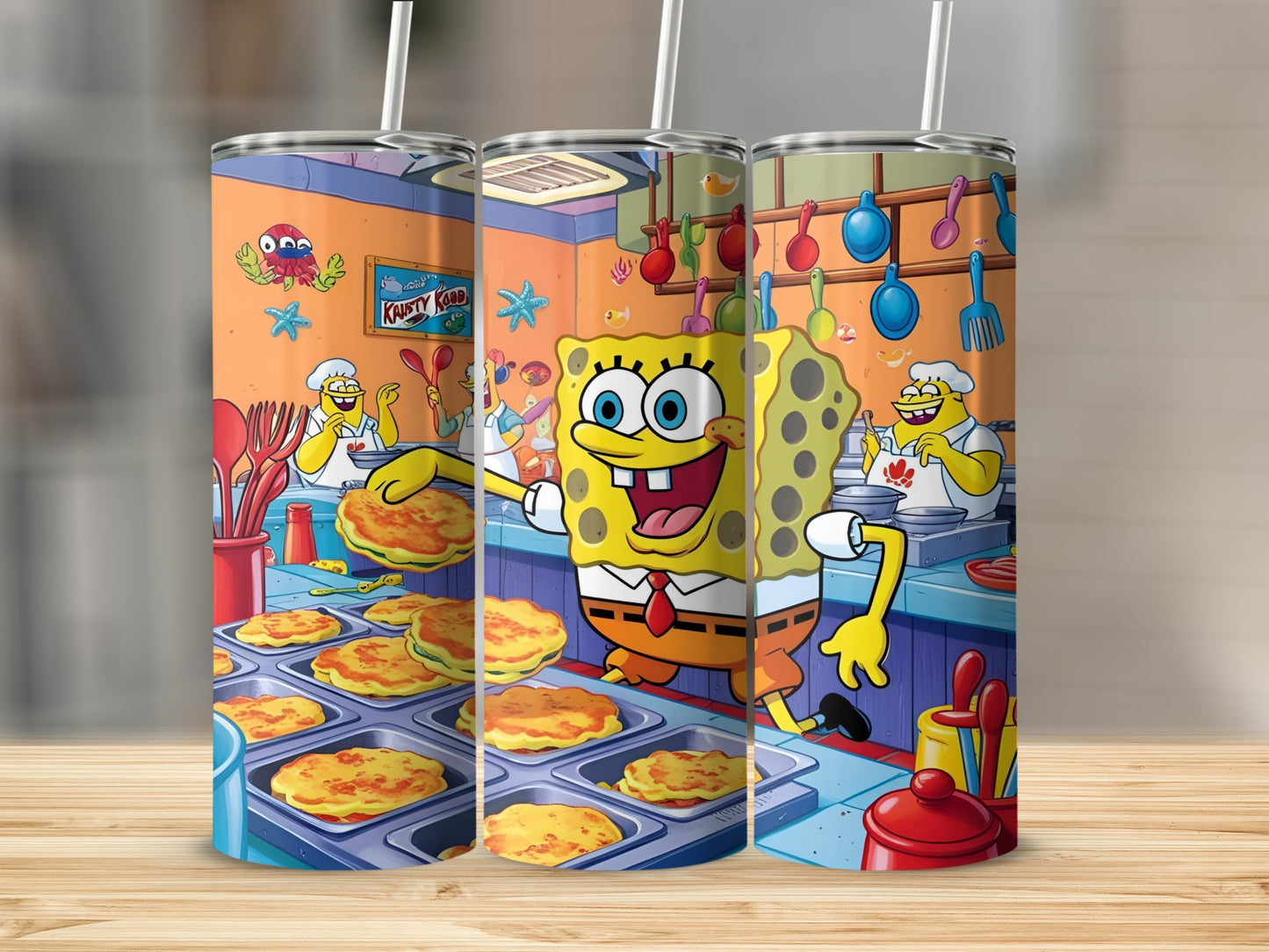 SpongeBob SquarePants flipping Krabby Patties in a kitchen.