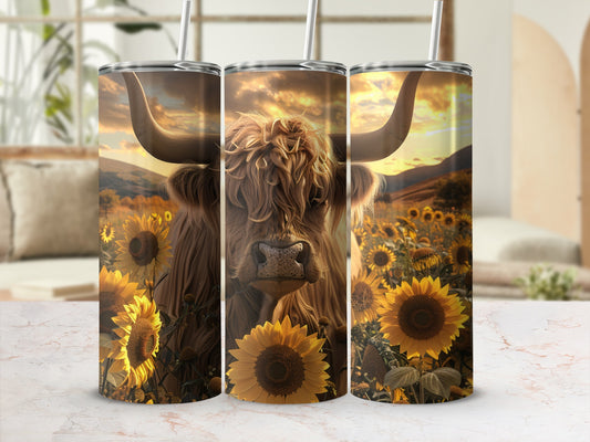 Cow and sunflowers on a tumbler with a rustic sunset background.