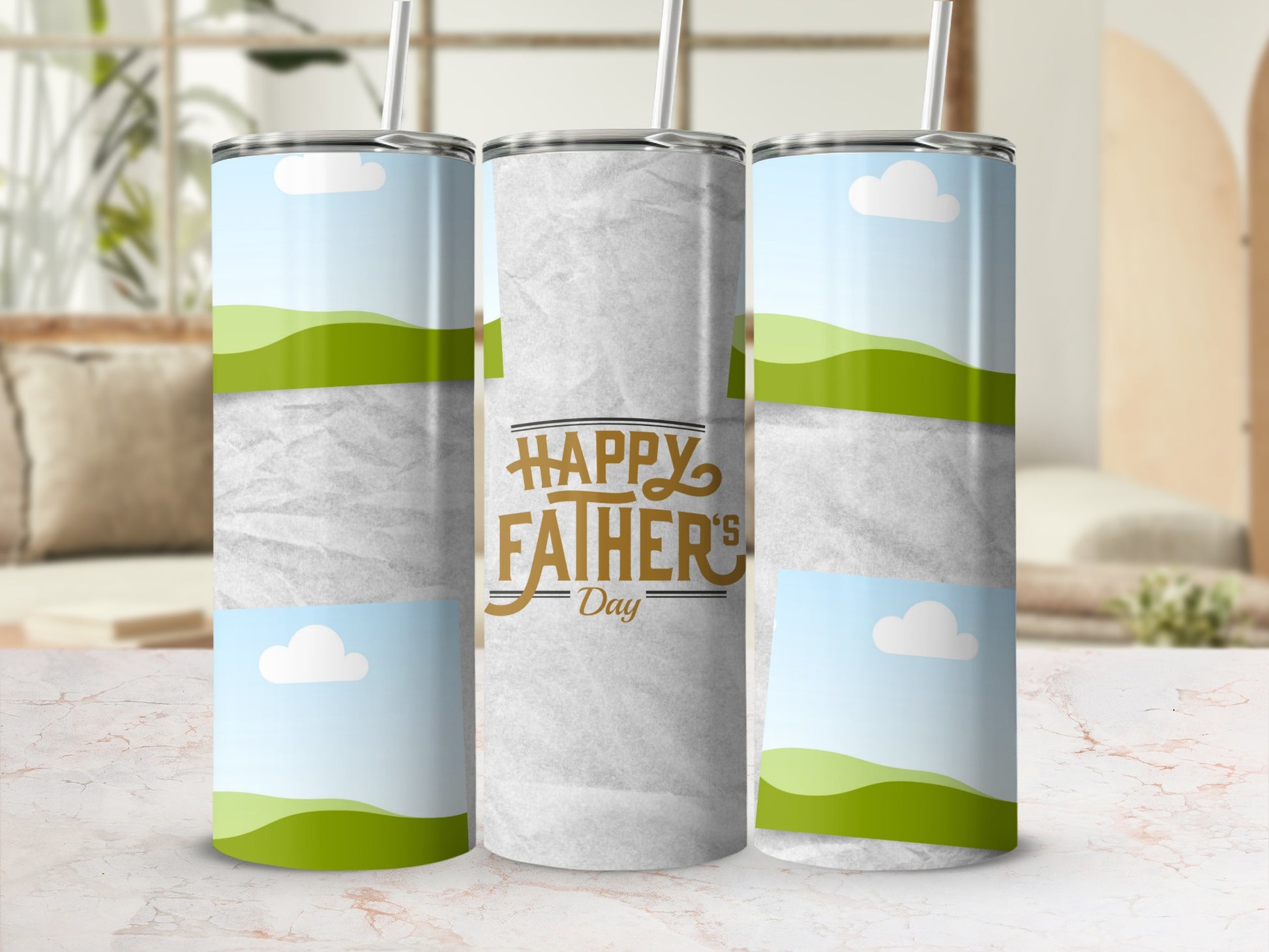 Three tumblers with cartoon sky and hills, one with "Happy Father's Day" text.