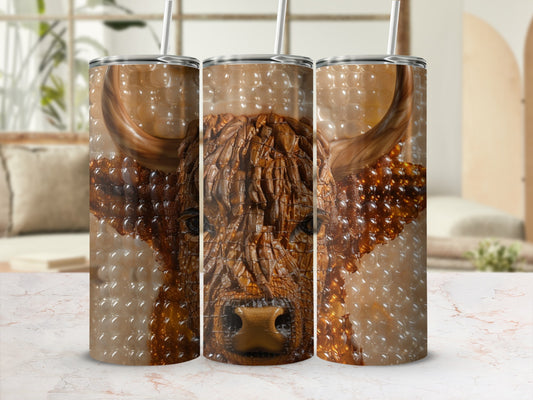 Three tumblers featuring a textured highland cow face design.