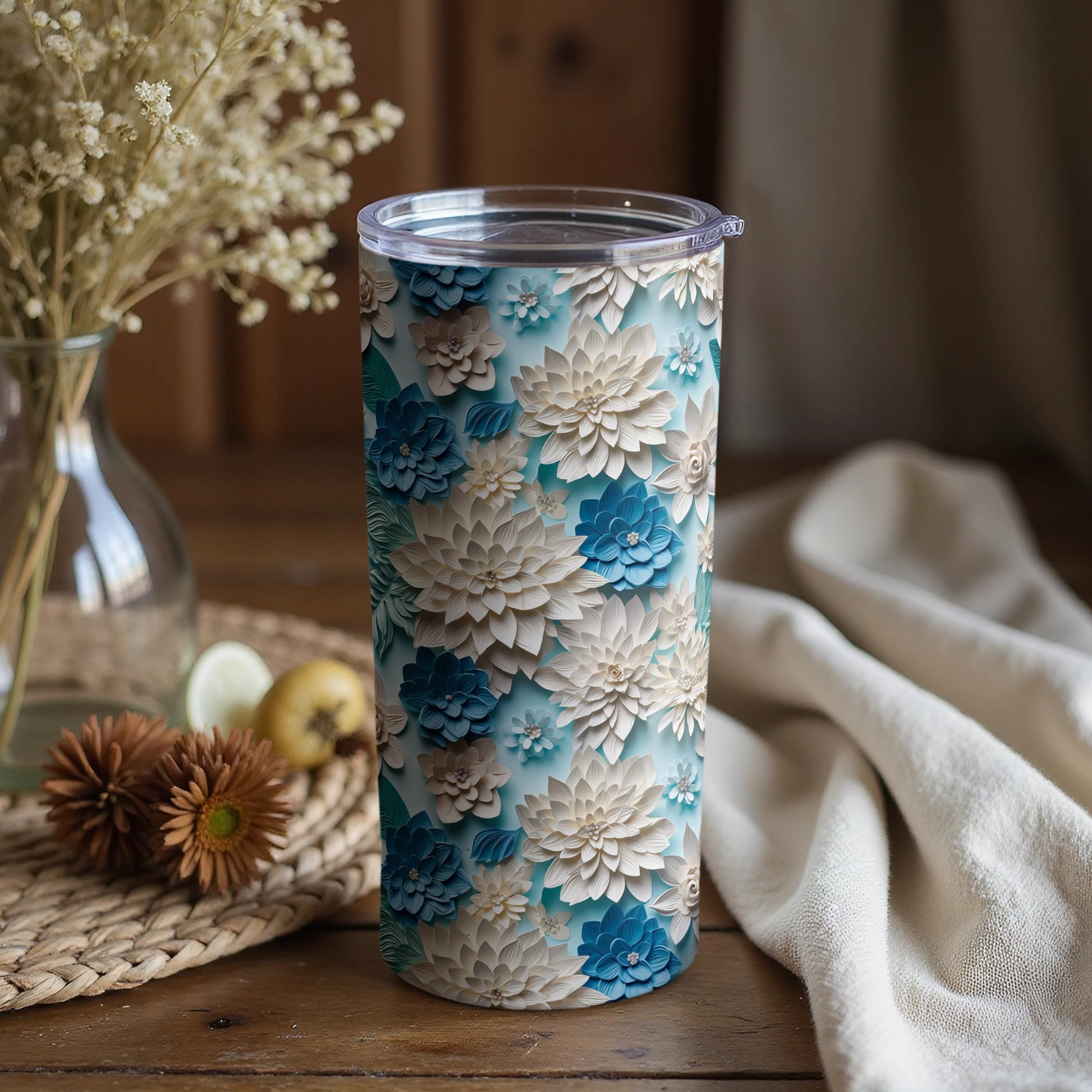 Floral Design Insulated Tumbler with Lid Elegant Cup