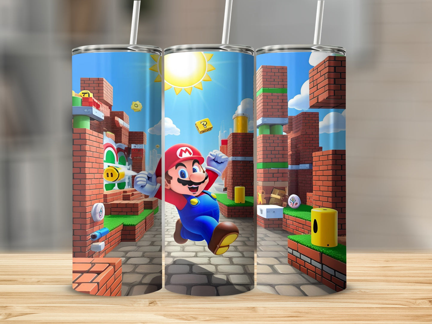Mario jumping through a brick world with a sun overhead.