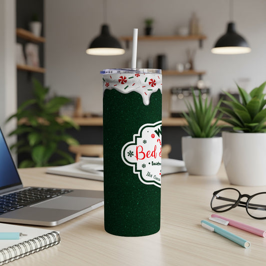Dark green tumbler with "Bed & Breakfast" text, festive candy canes, and snowflakes.