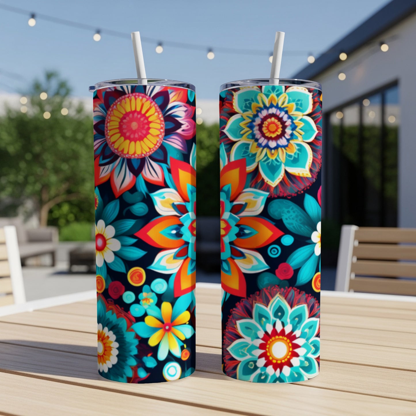 Two tumblers with colorful floral mandala designs on a wooden table.