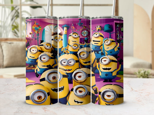 Minions from Despicable Me filling a tumbler with various expressions.