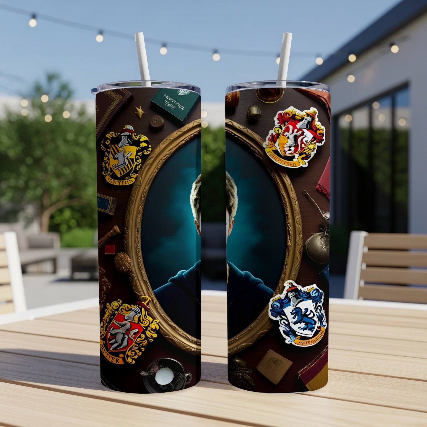 Harry Potter house crests and book designs on two tumblers.