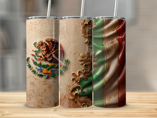 Three tumblers with textured patterns and flags of Mexico and Italy.