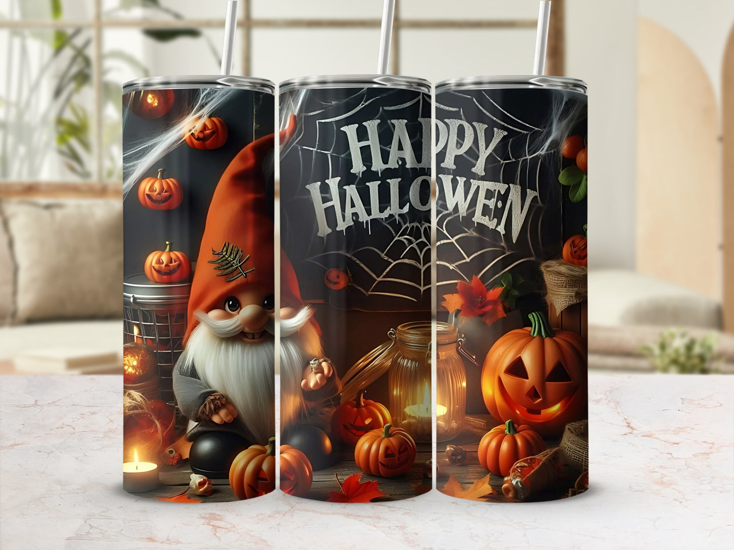 Halloween tumbler with a gnome, pumpkins, and "Happy Halloween" text.