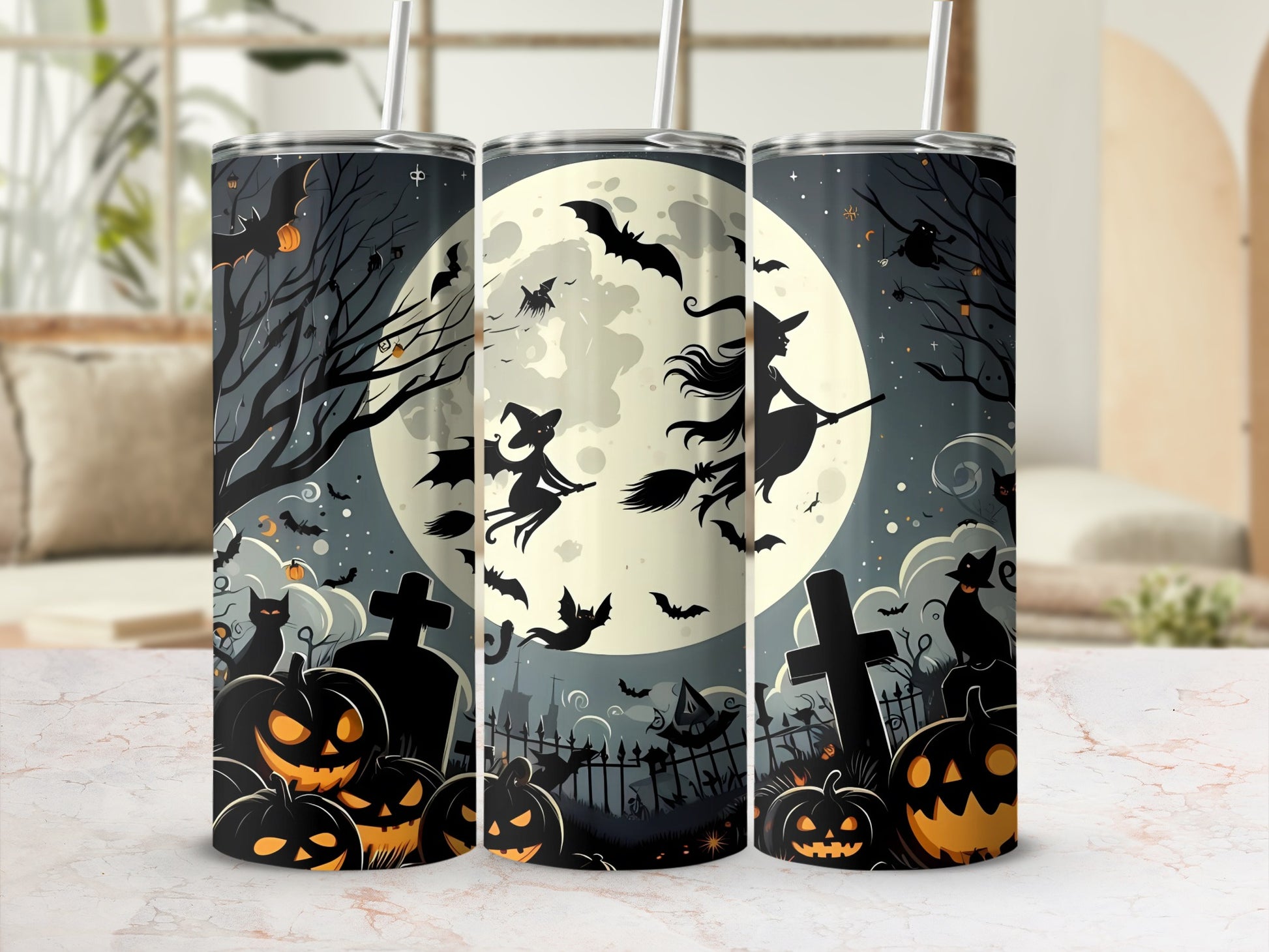 Halloween tumblers with witches, bats, pumpkins, and a full moon graveyard scene.