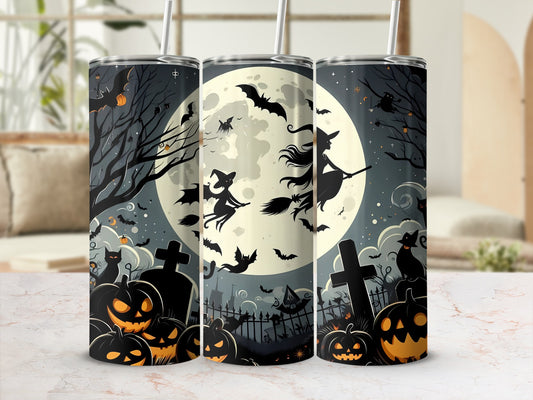 Halloween tumblers with witches, bats, pumpkins, and a full moon graveyard scene.
