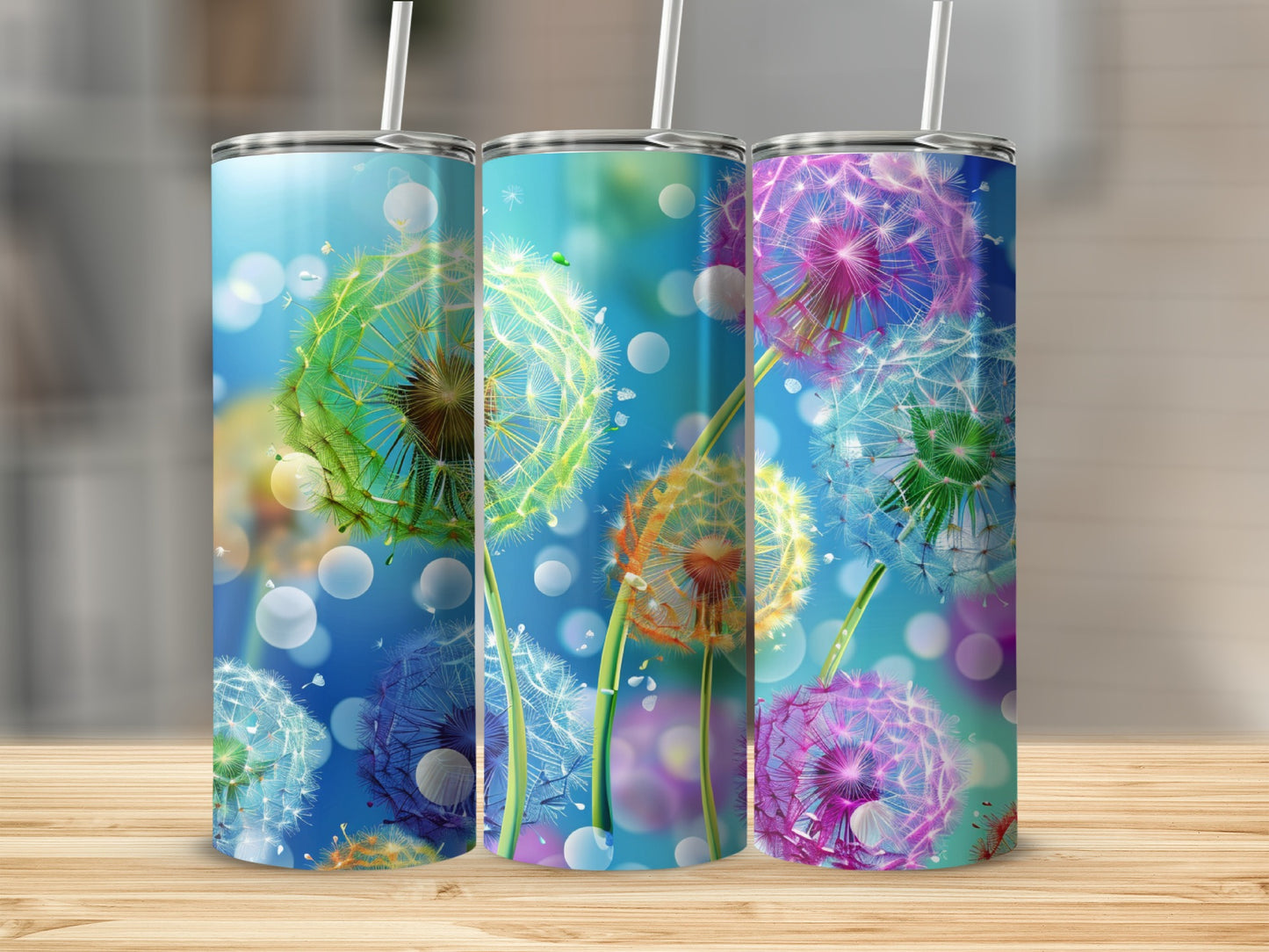 Three tumblers with dandelion designs in blue, pink, and orange.