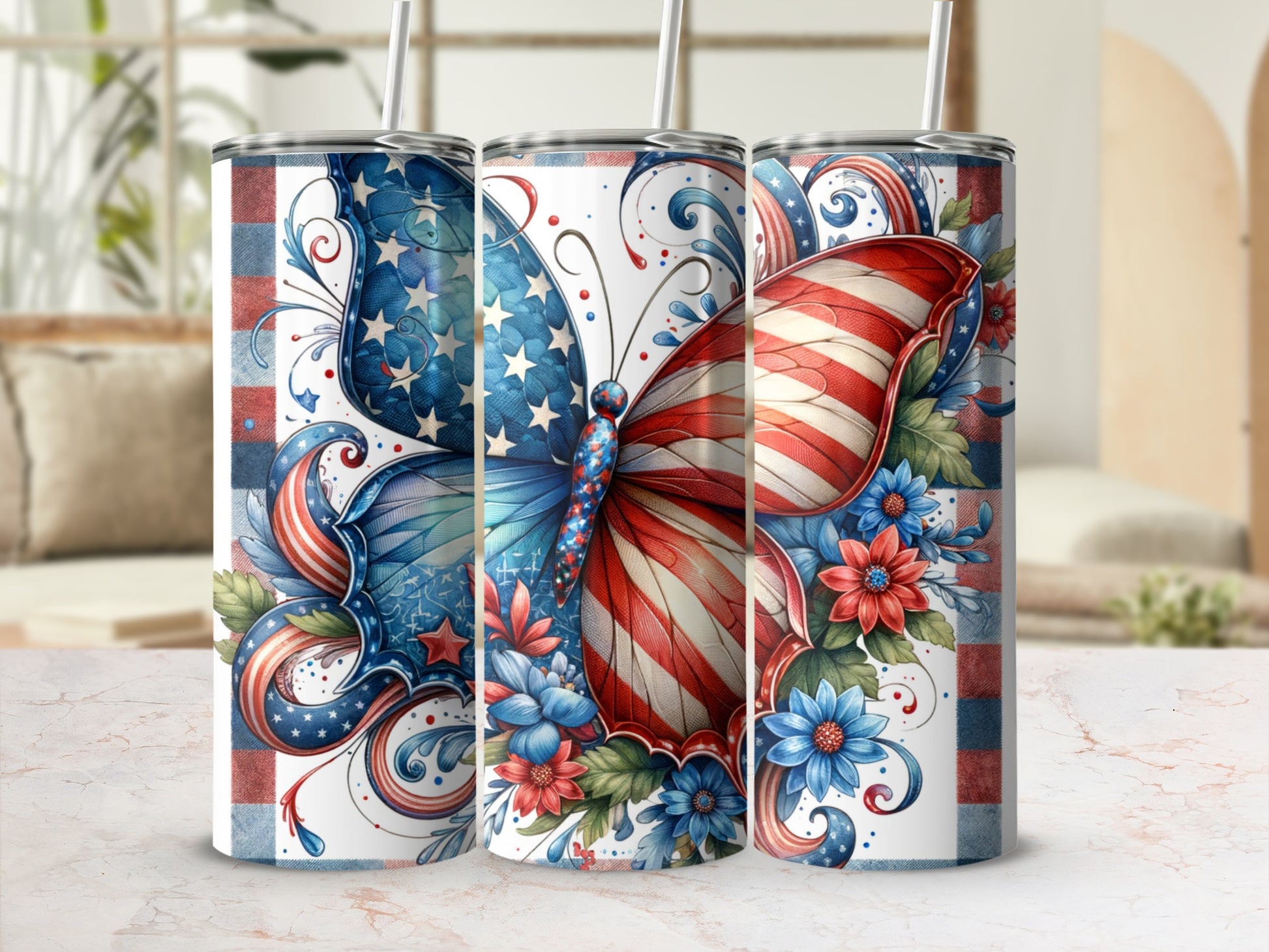 Tall tumbler with patriotic butterfly and floral design.