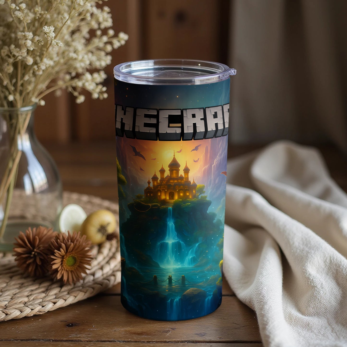 Vibrant Castle Tumbler with Waterfall Design