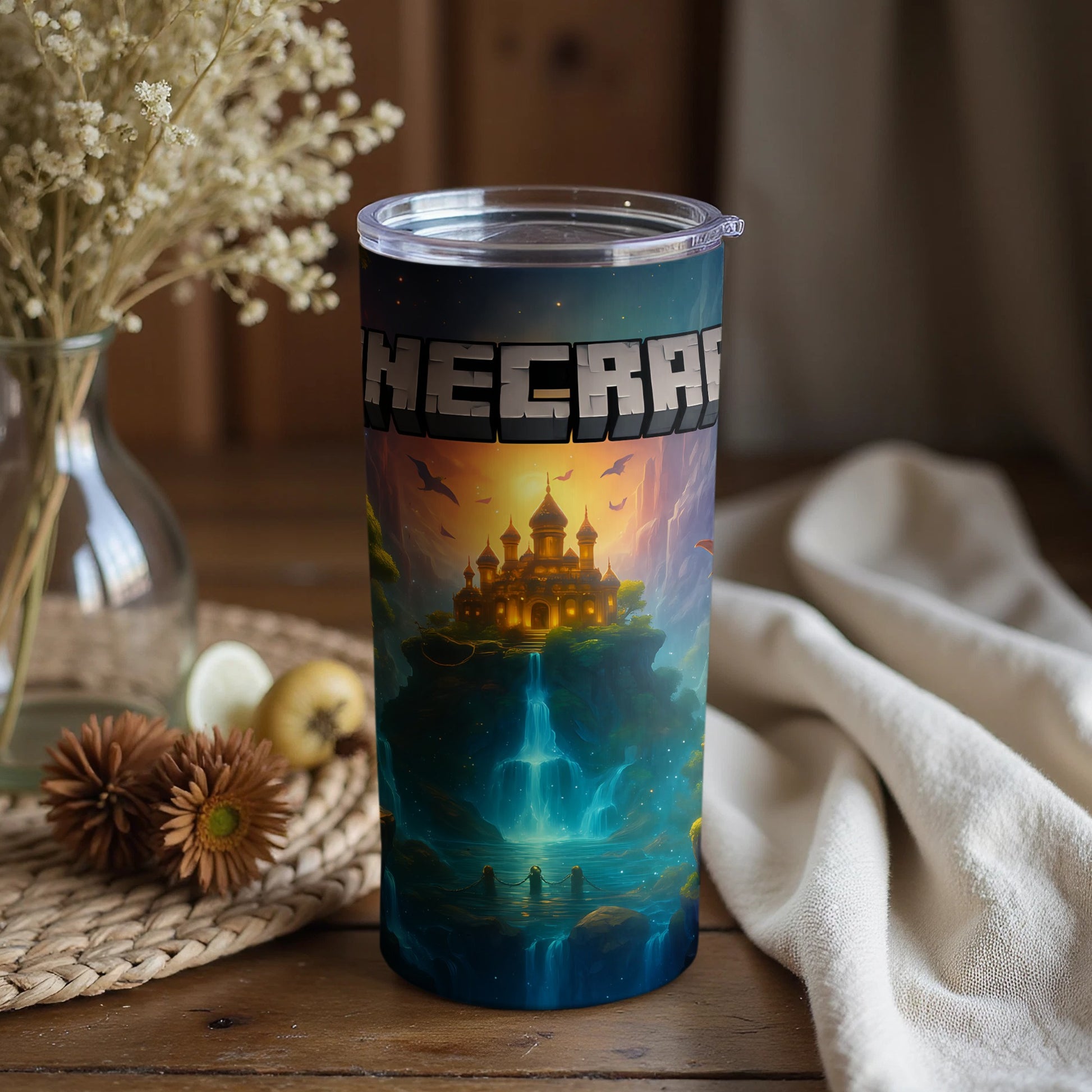Vibrant Castle Tumbler with Waterfall Design