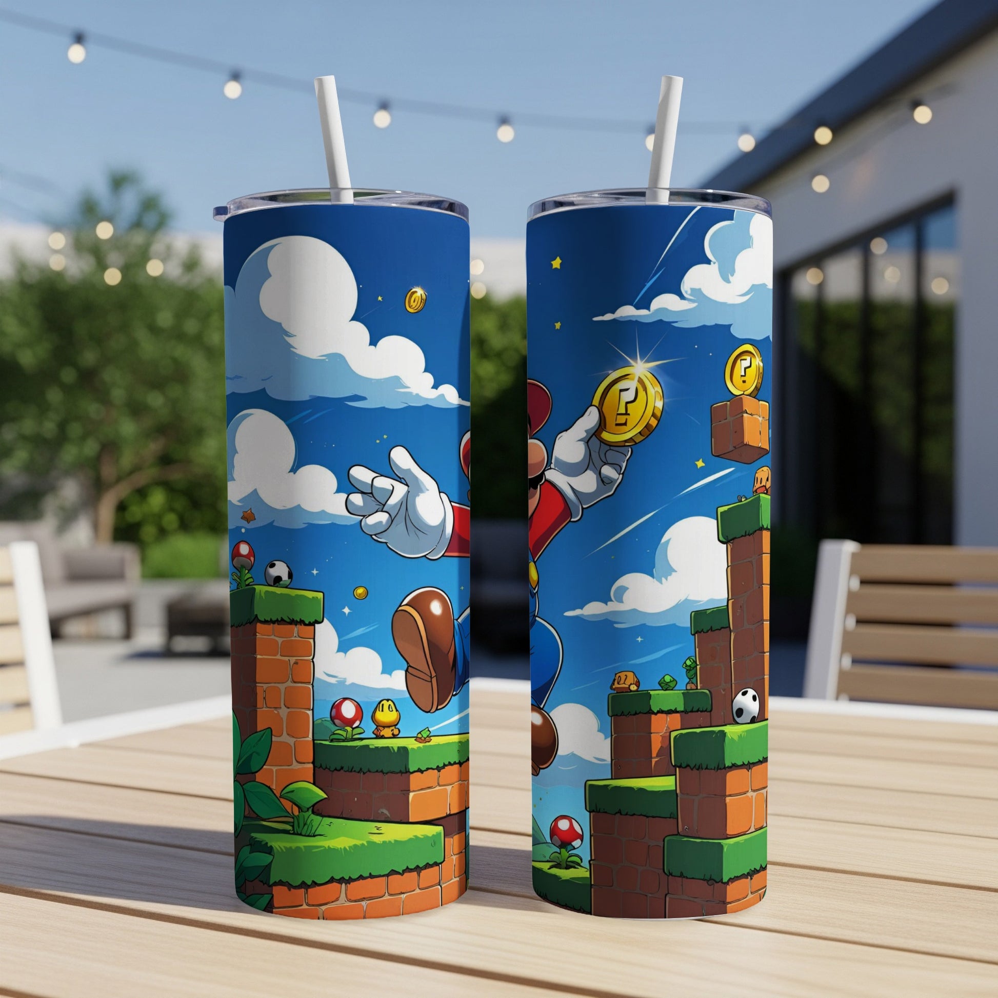 Mario collecting coins on a brick platform against a cloudy sky.