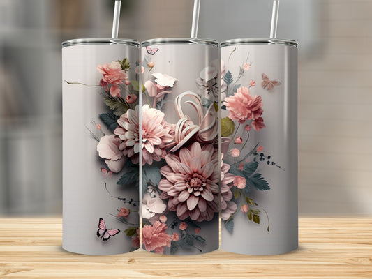 Three tumblers with a floral and butterfly design.