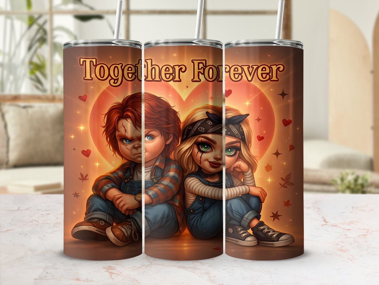 Chucky and Tiffany dolls on tumblers with "Together Forever" text.