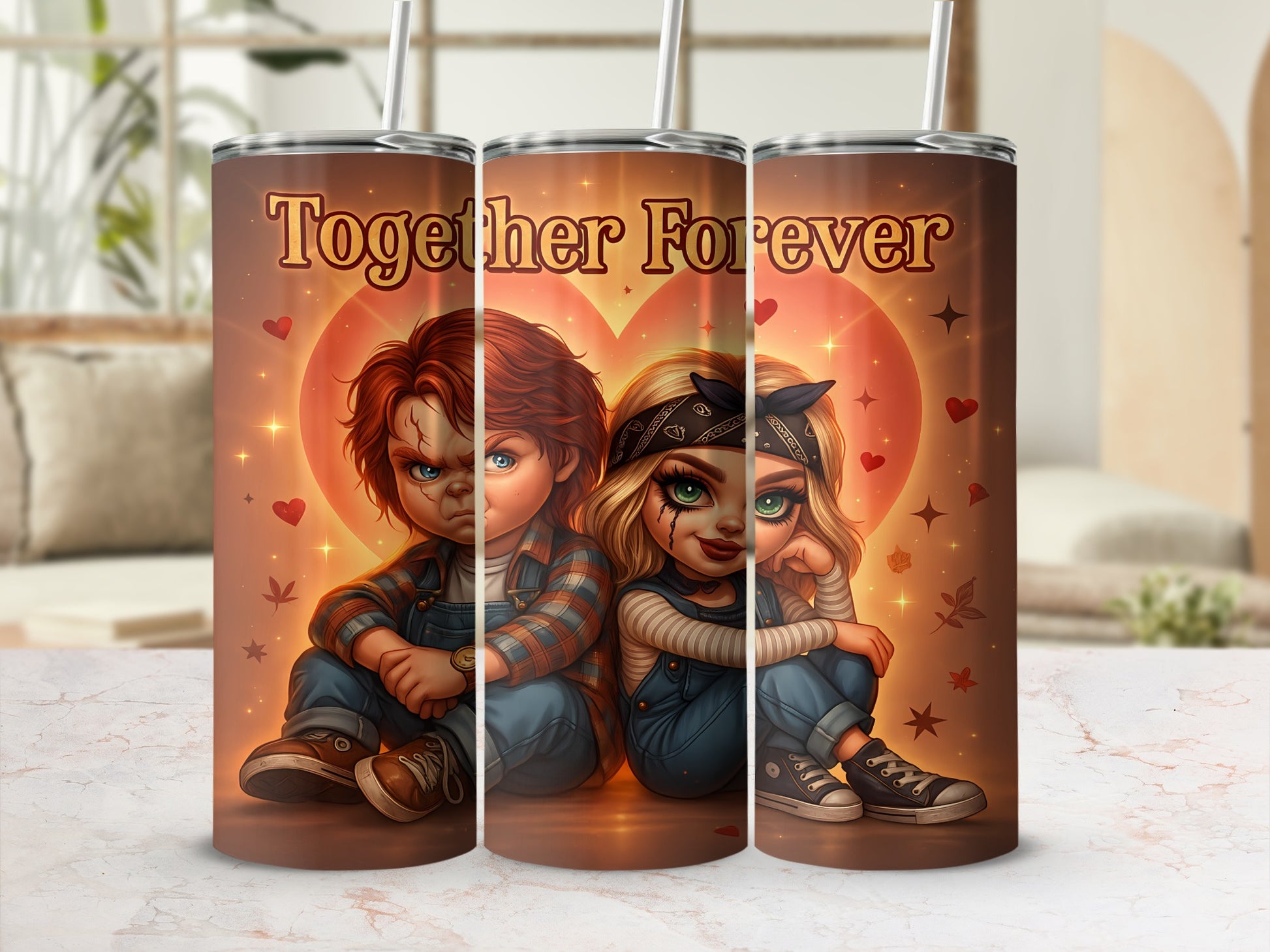 Chucky and Tiffany dolls on tumblers with "Together Forever" text.