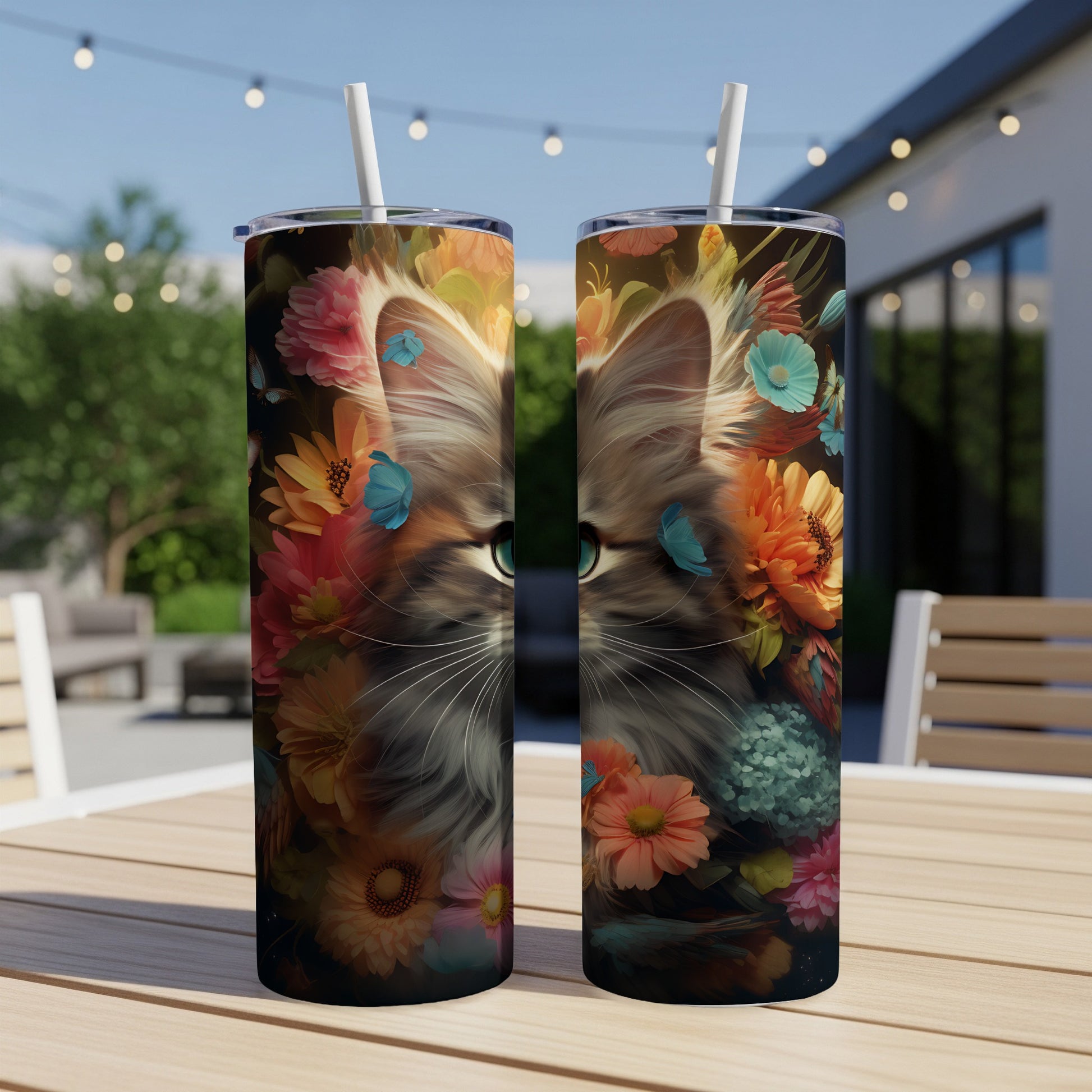 Cat portrait with flowers on a double-sided tumbler.
