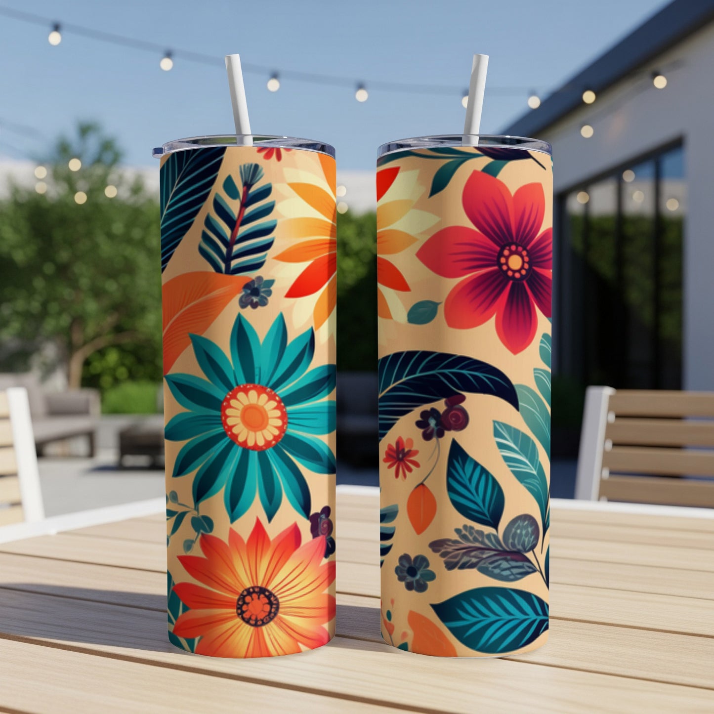 Two tumblers with a floral pattern featuring orange, teal, and red flowers.