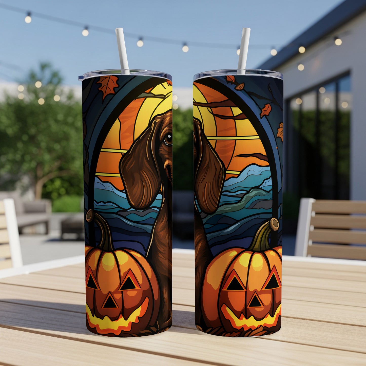 Two tumblers with dachshund and jack-o'-lantern Halloween design on a table.