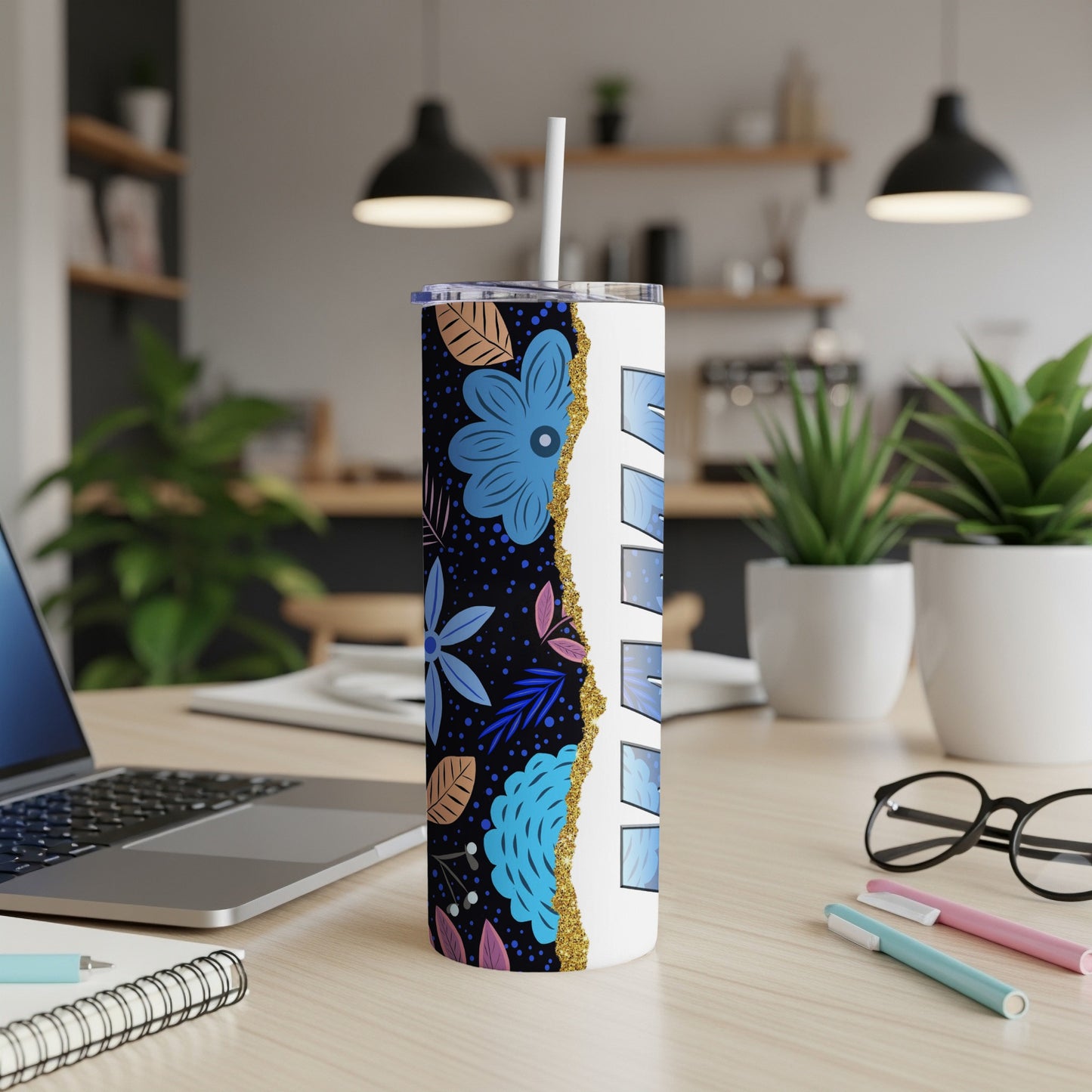White tumbler with blue floral pattern and "Mom" text.