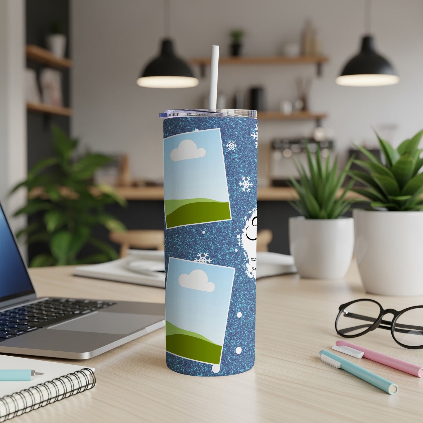 Blue glitter tumbler with photo frames, snowflakes, and "CON" text.
