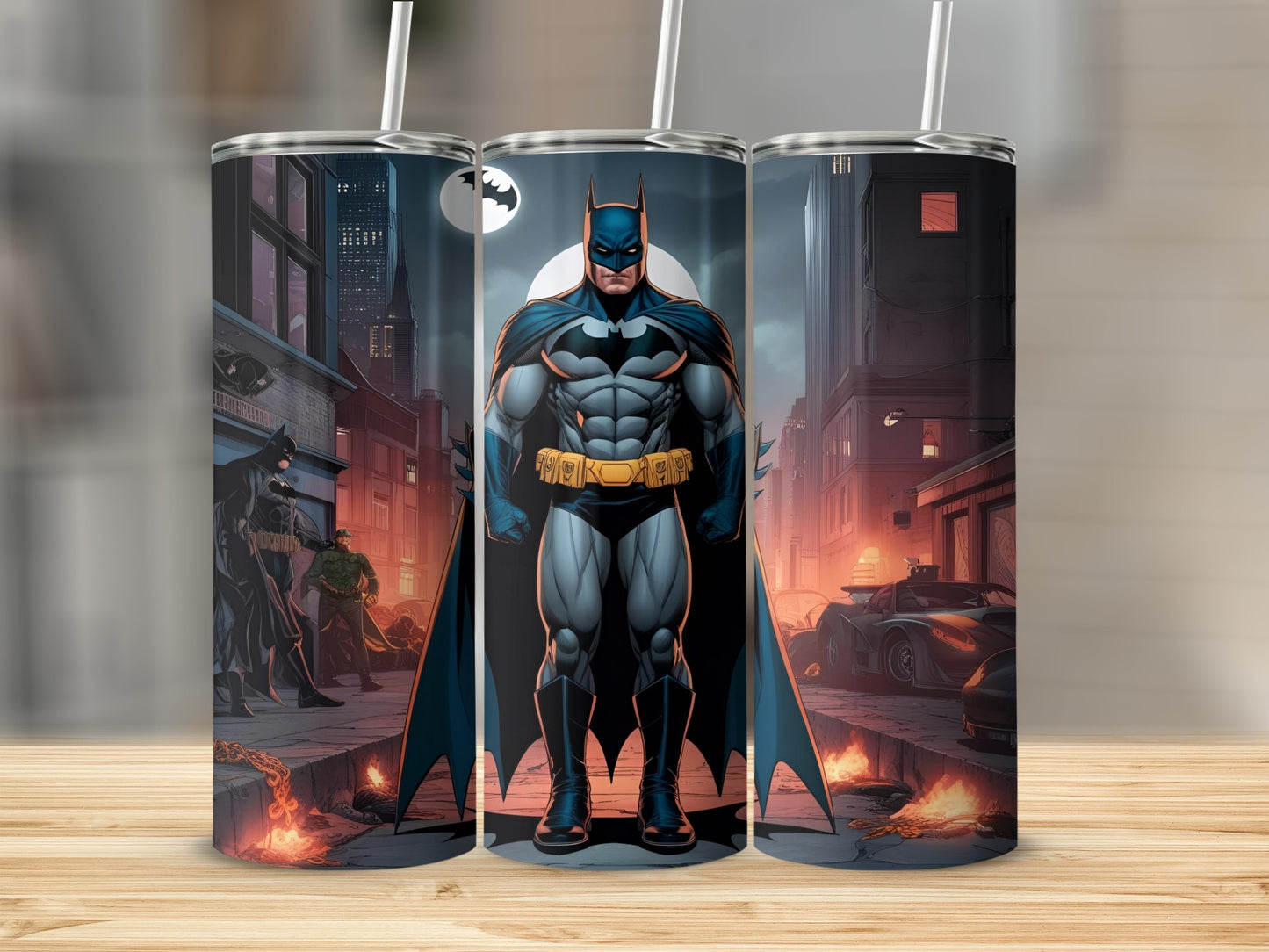 Batman standing on a city street with fire and a moon.