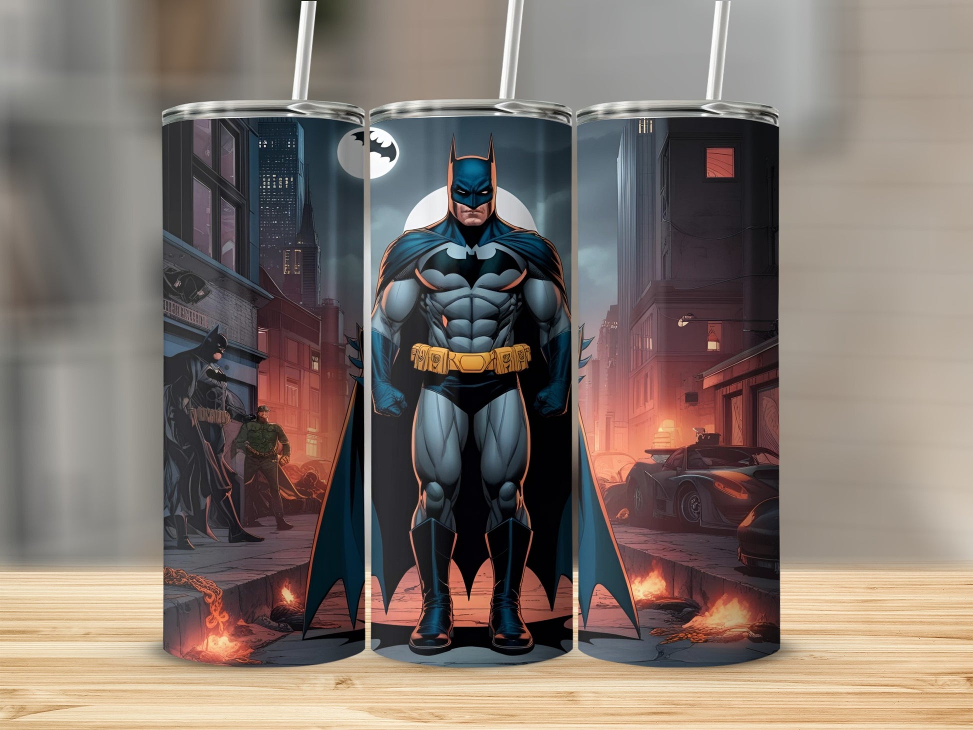 Batman standing on a city street with fire and a moon.