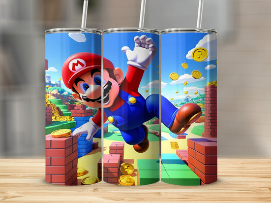 Mario jumping through a vibrant Super Mario game world with gold coins.