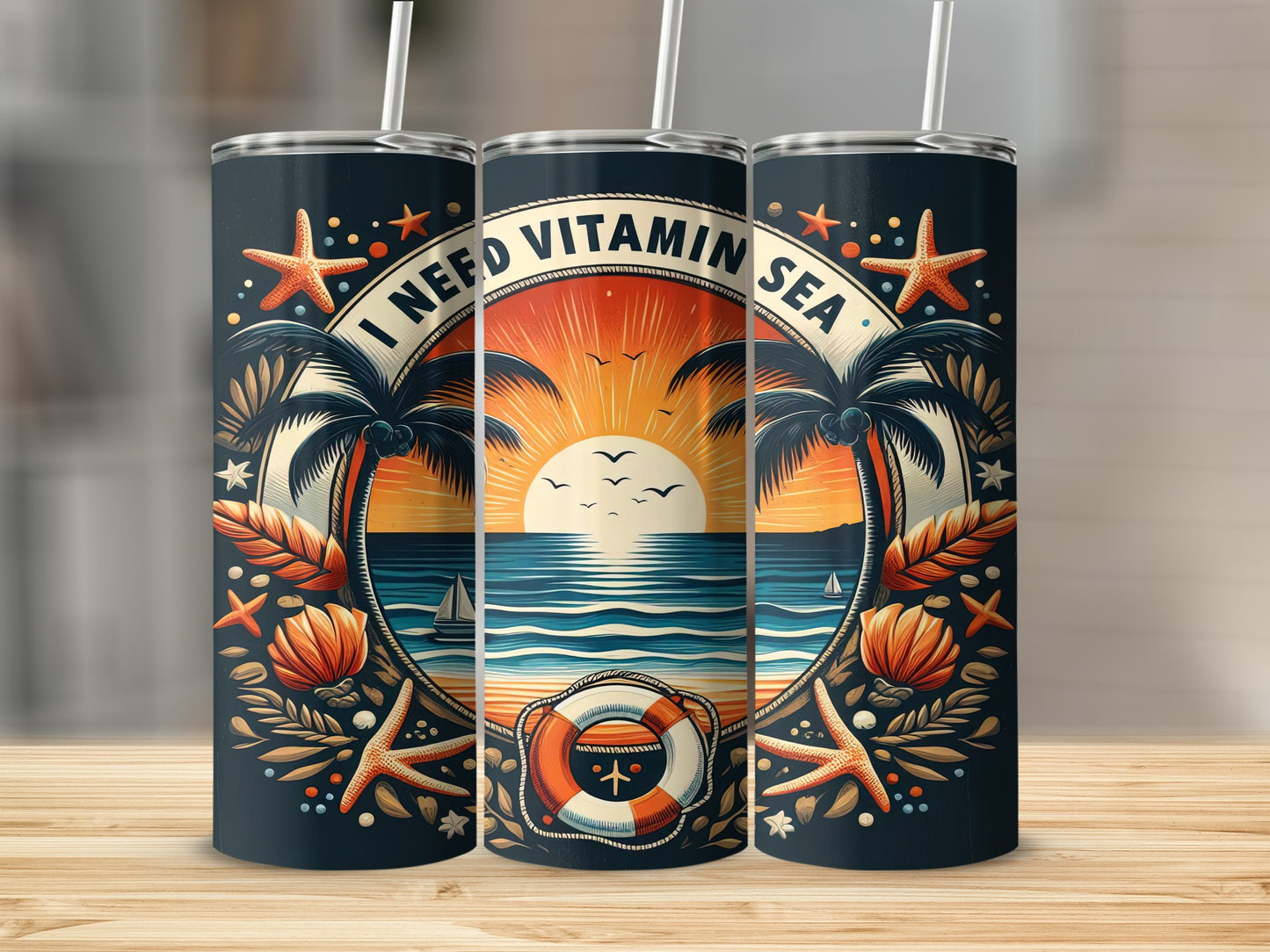 Travel tumbler with a beach sunset scene and "I Need Vitamin Sea" text.