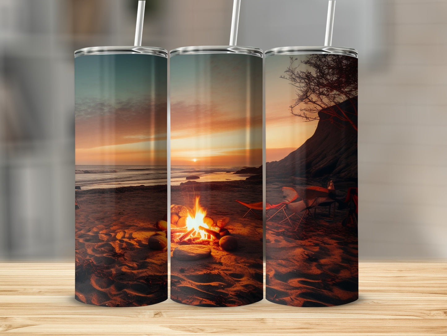 Stunning Campfire Beach Scene on Tall Tumbler