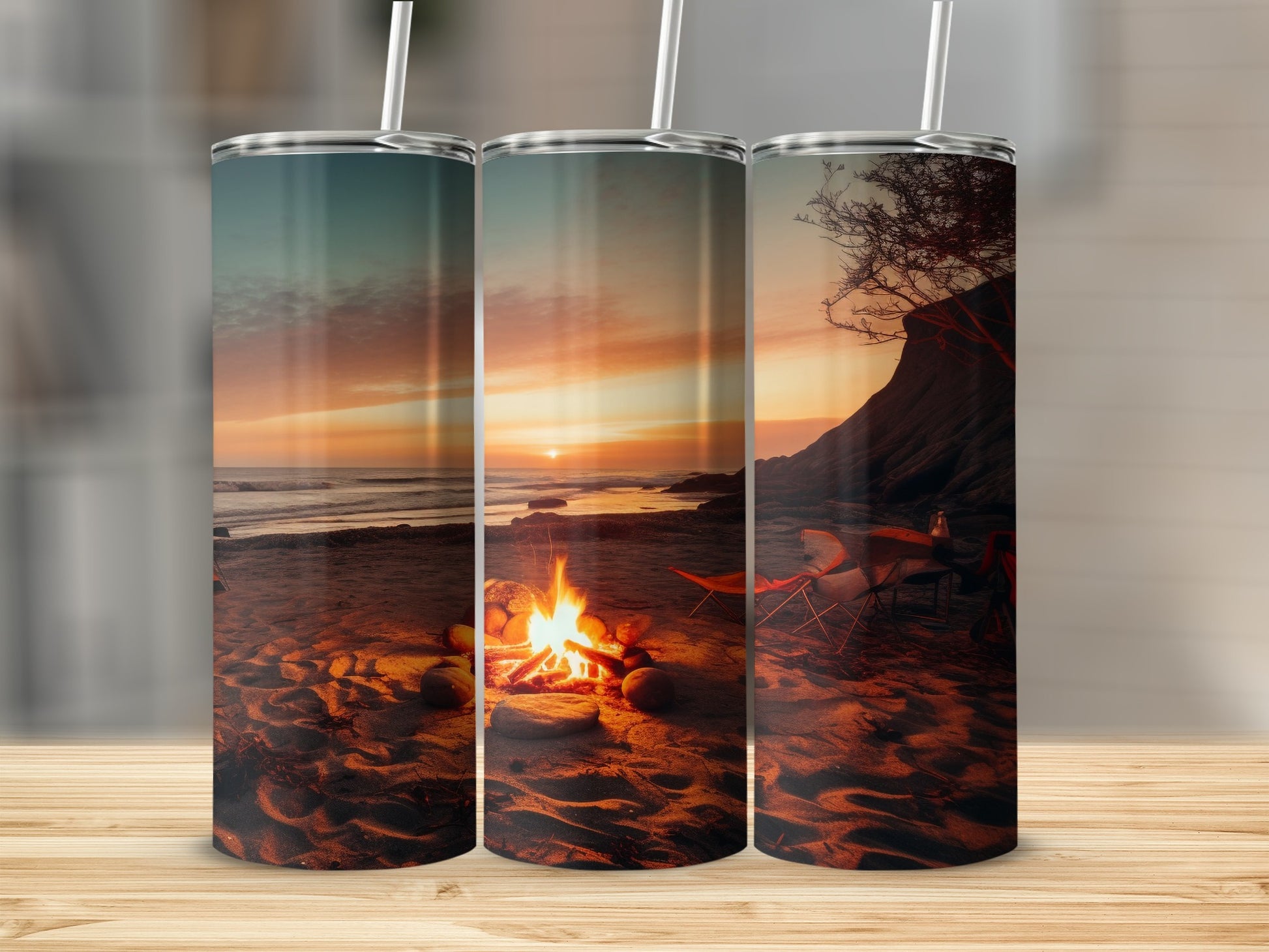 Stunning Campfire Beach Scene on Tall Tumbler