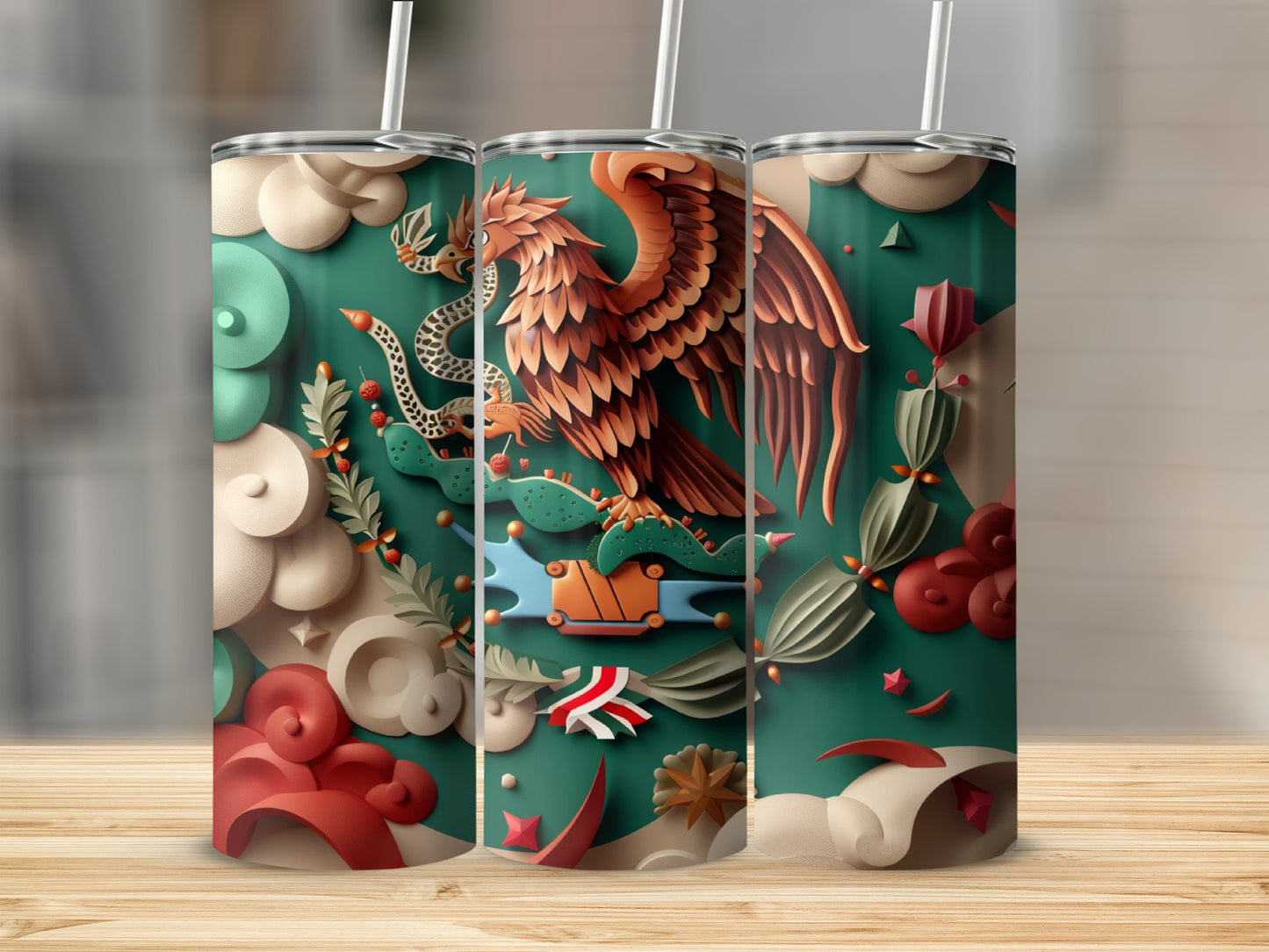 Three tumblers featuring the Mexican flag with an eagle and serpent design.